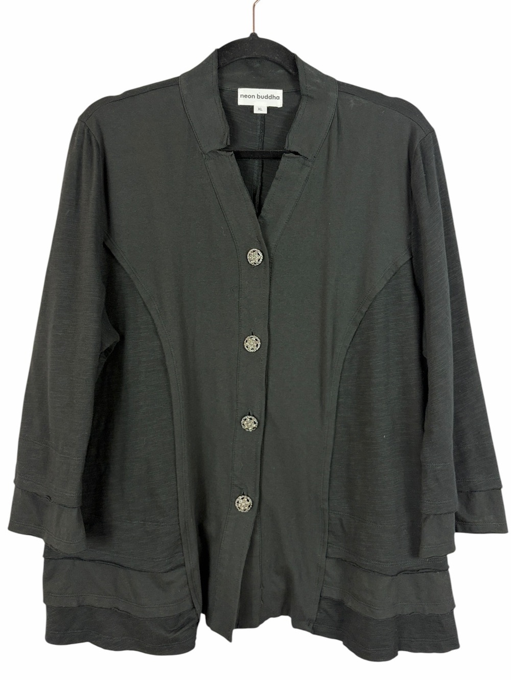 Neon Buddha Black Cotton Button Front Jacket Cardigan XL Boho Lagenlook